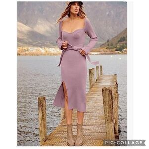 ANRABESS SWEETHEART NECKLINE LS BODYCON RIBBED KNIT DRESS WAIST TIE BELT